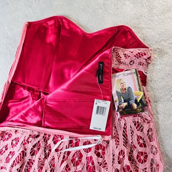 Betsey Johnson ✦ Pink Lace Strapless Dress ✦ Red Velvet Bow Mini Sz 6 NWT - Picture 12 of 16